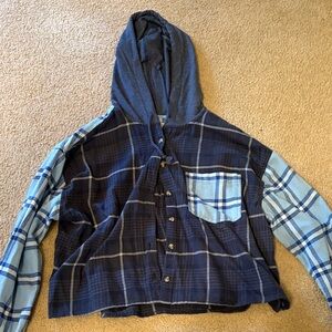 SO Patchwork Plaid Hooded Button-Up Jacket in Navy and Light Blue